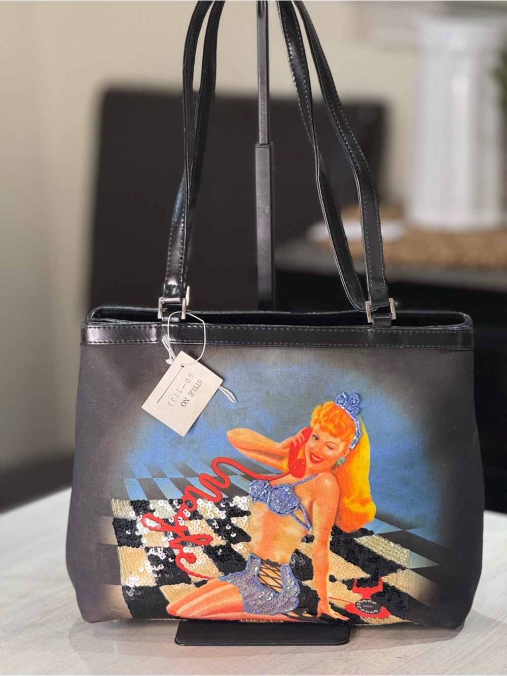 Black Isabella Pin-Up Print Tote Bag with Sequins